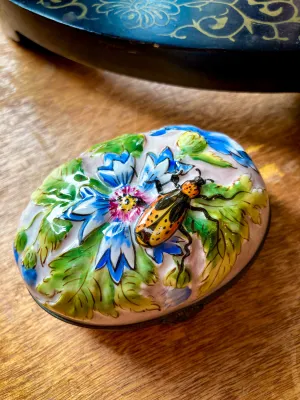 Limoges France Floral Beetle Pink Glass Style Oval Porcelain Pillbox