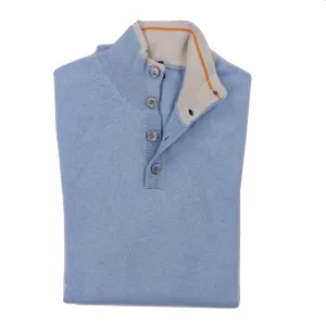 Scirocco Tricolor Half Button Cashmere Sweater in Carolina Blue
