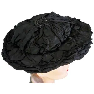 Victorian Womens Silk Wide Brim Hat Black Ribbon Jet Decoration 1890S
